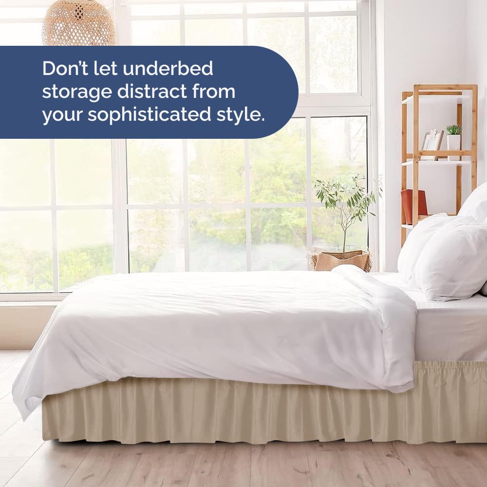 Wrap Around Dust Ruffle Bed Skirt - Cream - for Queen Size Beds with 15 in. Drop – Easy Fit Elastic Strap - Pleated Bedskirt with Brushed Fabric - Wrinkle Free, Machine Wash - by CGK Linens