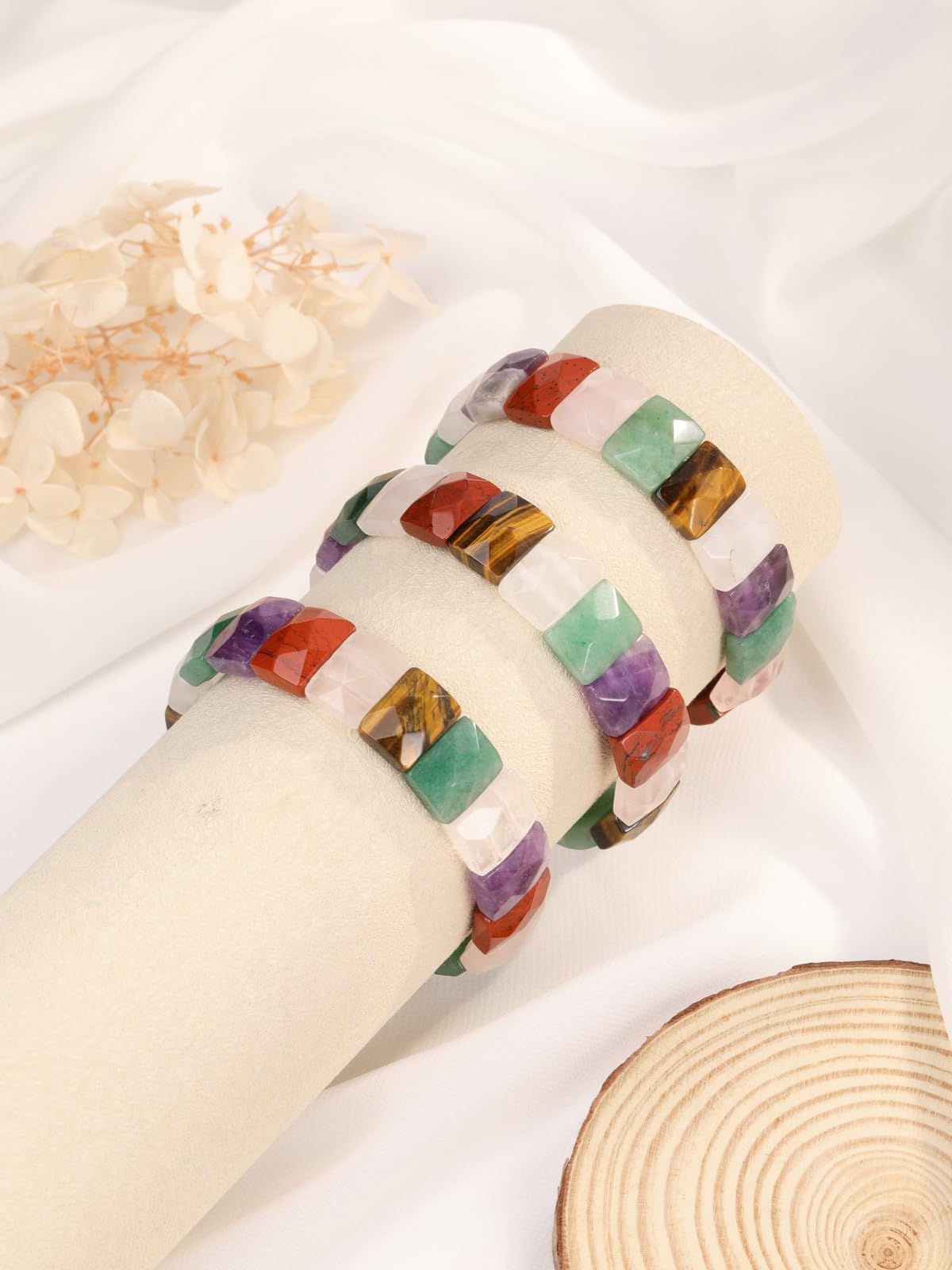 Jovivi Chakra Gemstones Healing Crystal Bracelet Natural Semi Precious 15mm Square Faceted Beaded Stretch Bracelet Bangle 7.5 Inch