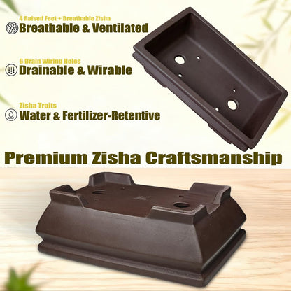 MUZHI Unglazed Ceramic Bonsai Pot with Drainage Tray, Rectangle Vintage Brown Bonsai Planter with 4 Raised Feet for Juniper Maple, Succulent Planter Pot with Drip Tray (Elegant Rectangle)
