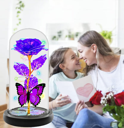 Mothers Day Rose Flower Gifts for Mom, Birthday Gifts for Women, Galaxy Crystal Light Up Rose Flowers in A Glass Dome, Mother Day Presents Wife Grandma Sister Her Mom from Daughter Butterfly Purple