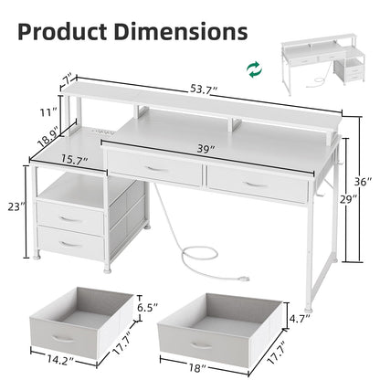 MUTUN 53" Computer Desk with 4 Drawers & Power Outlets, Reversible Home Office Desk with Monitor Stand & Printer Stand, Gaming Desk with Led Lights, Study Writing Work Desk Table for Bedroom (White)
