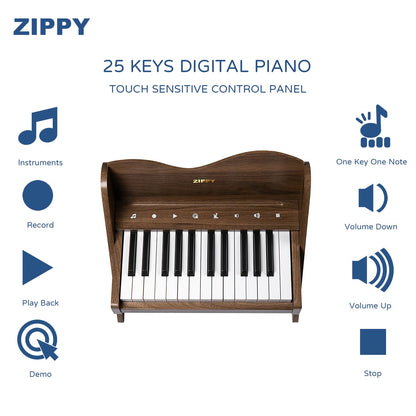 ZIPPY Kids Piano Keyboard, 25 Keys Digital Piano for Kids, Touch Sensitive Control Panel, Volume Adjustable, Mini Music Educational Instrument Toy, Wood Toy for Toddlers Girls Boys (Walnut)