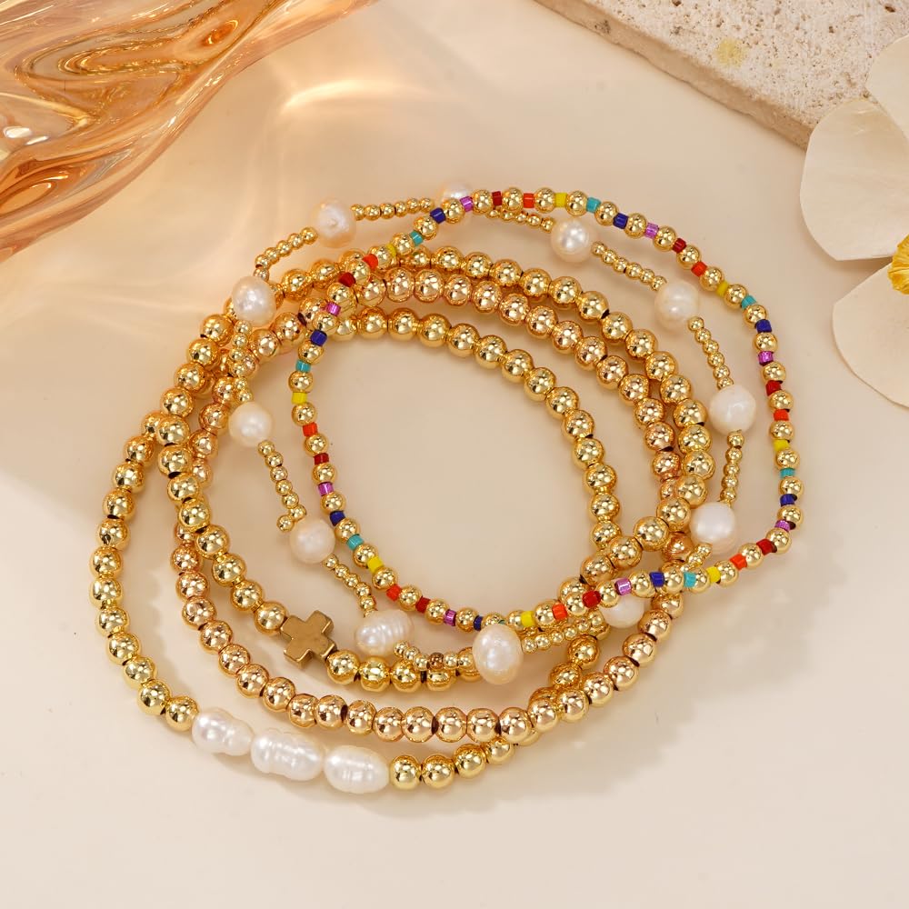 SHINUS BOHO Dainty 14K Gold Plated Pearl Beaded Cross Bracelets Stack Set for Women,Stretch Boho Christian Faith Colorful Beads Ball Jewelry Friendship Summer Trendy Gift