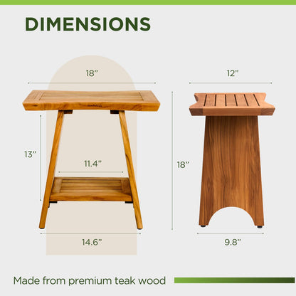 GREENTEAK Premium 18" Teak Wood Shower Bench, Waterproof Teak Shower Stool, Non-Slip Feet for Enhanced Safety, Spa Bath Seat for Bathroom, Indoor & Outdoor Use, 300 lb (Upgrade 18" 2-Tier, Straight)