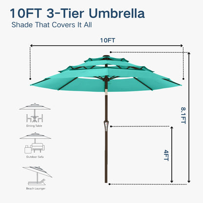 Patio Kingdom 10FT Patio Umbrella 3 Tiers Outdoor Market Umbrella w/Push Button Tilt, Crank, UV and Waterproof Table Umbrella for Garden, Pool, Backyard, Deck, Lawn, Turquoise Blue