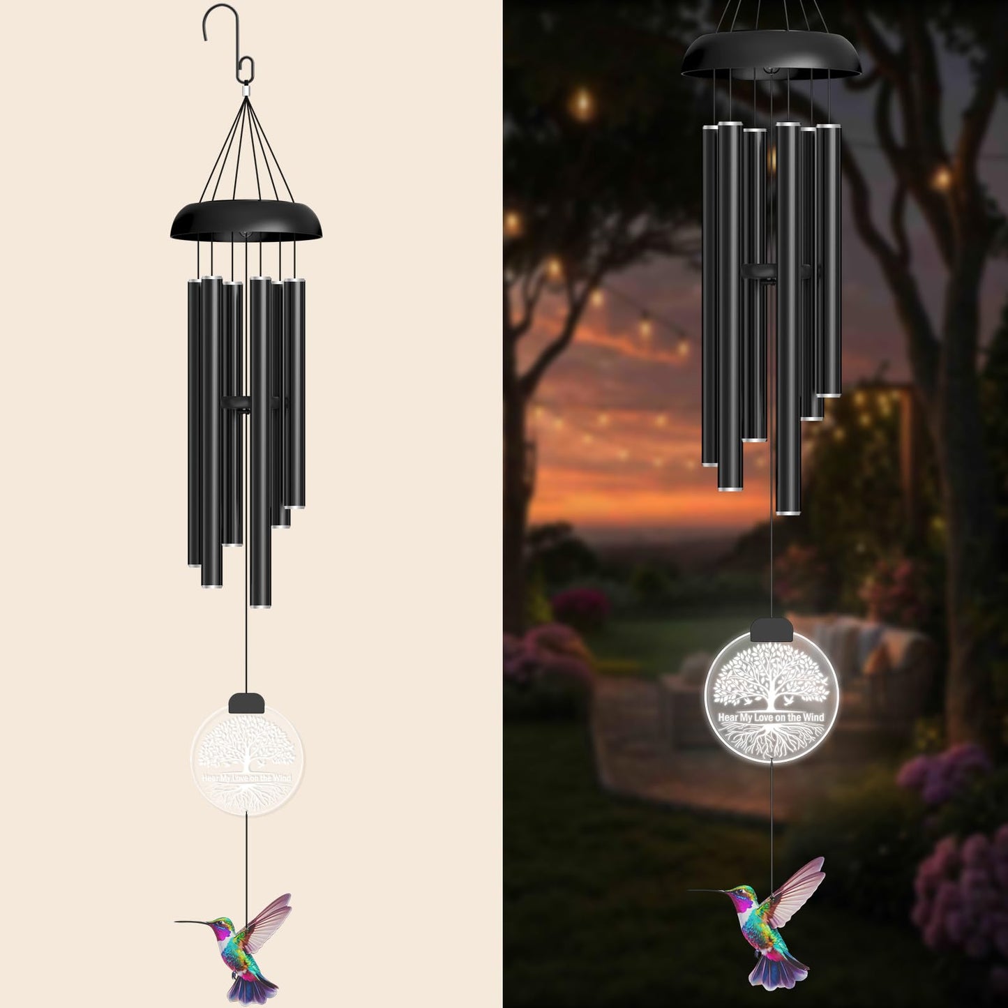 37" Solar Wind Chimes for Outside, Memorial Wind Chimes with Solar Powered Acrylic Lights & Hand-Painted Hummingbird – Sympathy Gift for Loss of Loved One, Outdoor Wind Chimes for Garden, Patio, Yard