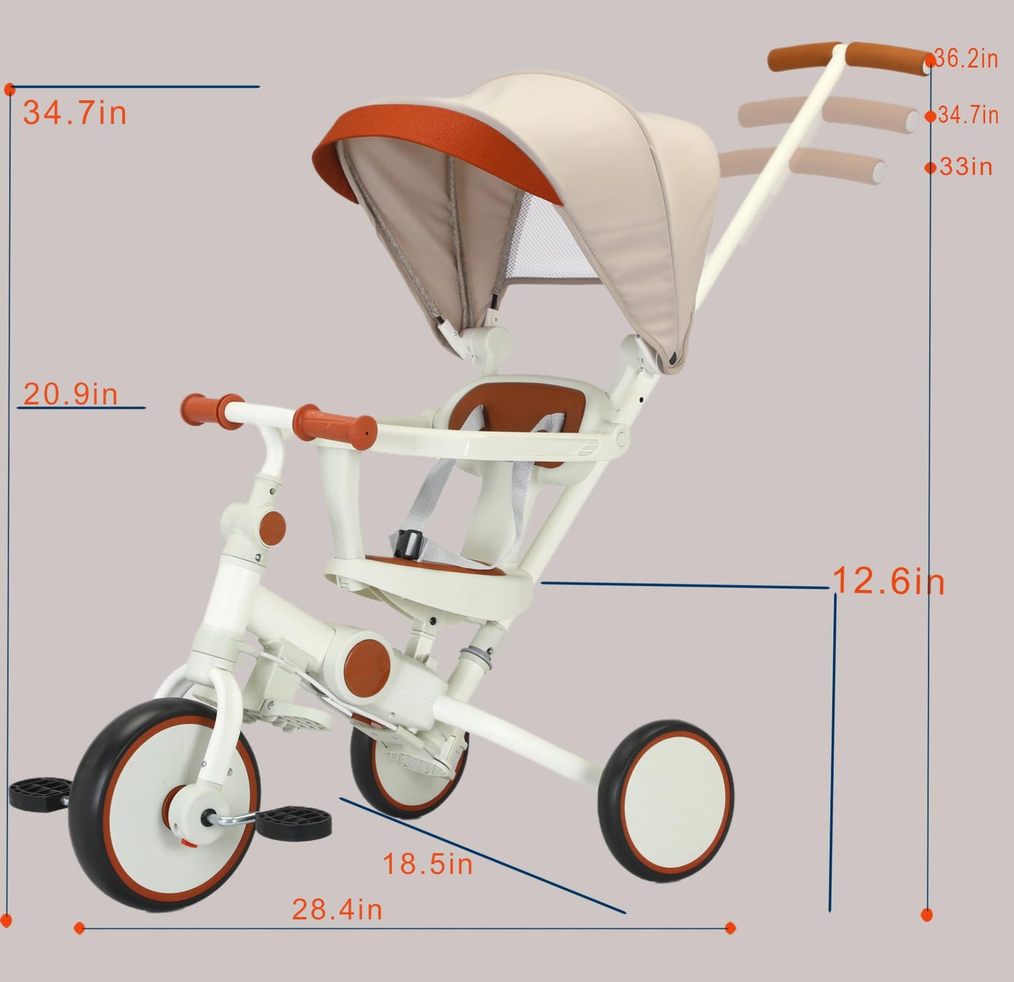 FVOJZQGD Toddler Push Foldable Tricycle with Canopy, 8 in 1 Balance Trike Baby Bike with Handle Toddler Tricycle for 1-3,Kids Folding Tricycles Chrismas and Birthday Gift for Boy and Girl Trike