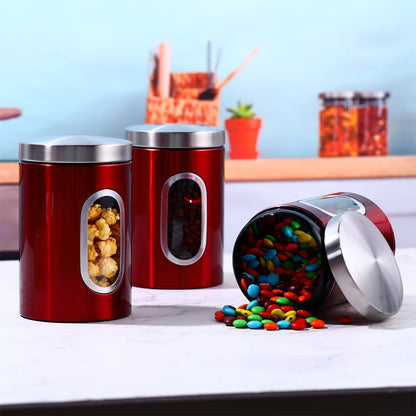 Zopeal 6 Pack Red Canisters Sets For Kitchen 50oz Stainless Steel Red Kitchen Canisters with Transparent Windows Flour Sugar Container Metal Jar Countertop Set for Coffee Tea Decorative