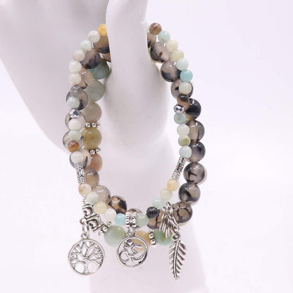 UEUC Tree of Life Yoga Leaf Jasper & Tibetan Agate Gemstone Bracelet, Multi-Layer Natural Stone Healing Chakra Beaded Bracelet, Energy Balance Friendship Bracelet Set