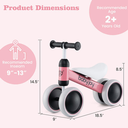 BABY JOY Balance Bike, No Pedal 4 Wheels Toddler Bike with Soft Seat as First Ride-on Toy Birthday Gift, Baby Balance Bike for 2 Years Old Boys Girls (Pink)