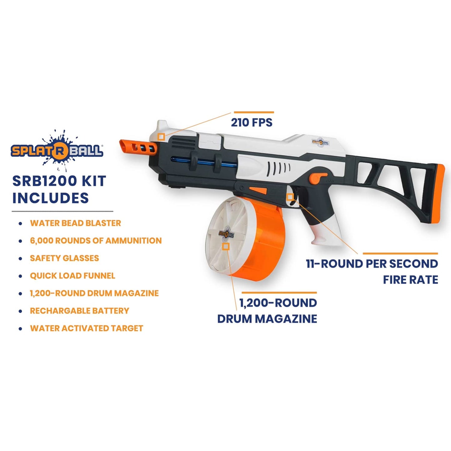 SplatRball SRB1200 Full Auto Rechargeable Battery Powered Water Bead Gel Ball Blaster Kit. Splatter Ball Gun.Electric Water Blaster able to Shoot 11 Rounds per Second!