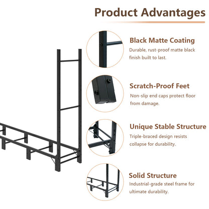 C-Hopetree 8Ft Outdoor Indoor Firewood Rack, Adjustable Metal Log Holder for Fireplace, Heavy Duty Wood Pile Storage Organizer Stacker Stand, Black