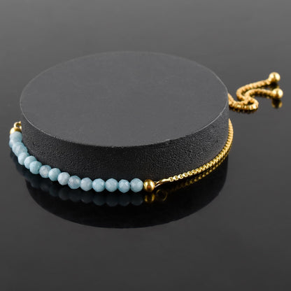 InfinityGemsArt Larimar Bracelets For Women, Natural Birthstone Jewelry Blue Beads Beaded Stone Bolo Slider Crystals Gemstones Jewelry, 14K Gold Plated Adjustable Chain, Valentines Day Gifts For Her