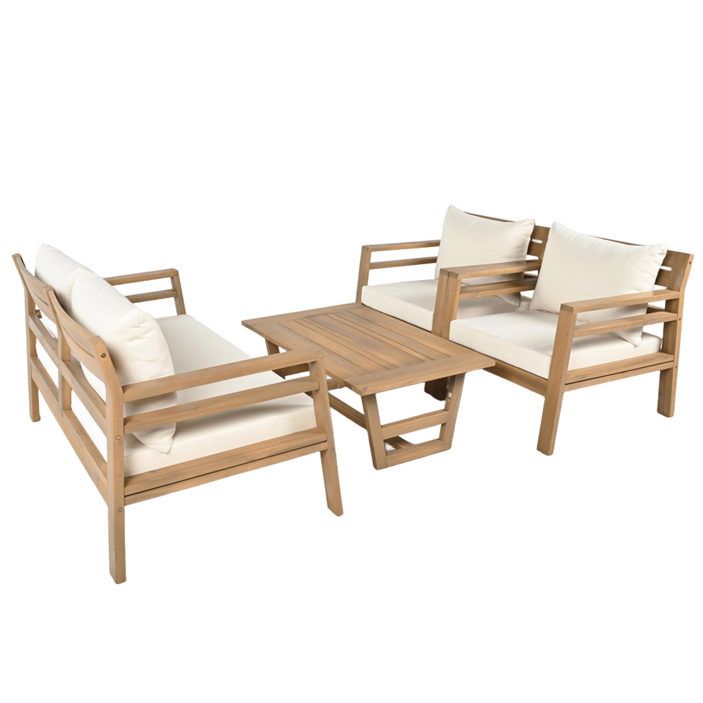 Christopher Knight Home Jamaia 4 Pieces Acacia Furniture Set, Patio Conversation Chat 2-Seat Sofa Set with Coffee Table, Outdoor Loveseat Chair Set for Garden Porch Backyard Balcony, Light Teak+Beige