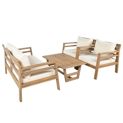 Christopher Knight Home Jamaia 4 Pieces Acacia Furniture Set, Patio Conversation Chat 2-Seat Sofa Set with Coffee Table, Outdoor Loveseat Chair Set for Garden Porch Backyard Balcony, Light Teak+Beige
