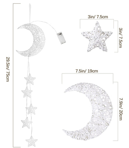 Lewondr Hanging Light,Rattan Moon Star Fairy Lights Indoor Decorative Lights Window Light Easy Operated Star Lights for Children's Room Bedroom Party Ramadan Decoration with Timer Fuction,White