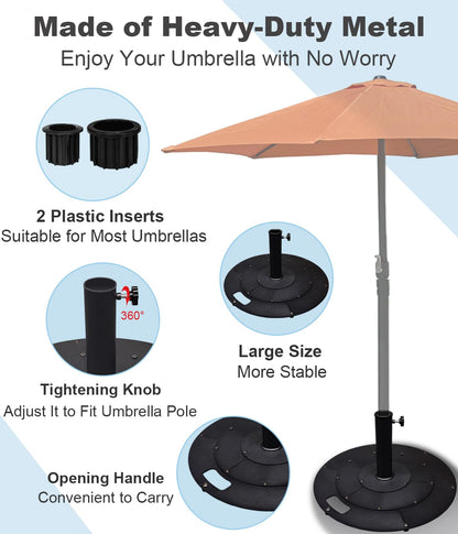 Koutemie 21 Inches Metal Umbrella Base with 2 Adapters for 1-¼" or 1-½" Umbrella Poles, Heavy Duty Weighted Outdoor Umbrella Stand Holder for Patio Table, Black