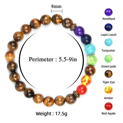 GelConnie Chakra Bracelet 8mm Natural Stone 7 Chakra Tiger Eye Elastic Bead Bracelet Reiki Healing Energy Stretch Bracelet Anti Anxiety Relax Bangle Meditation Balance Yoga Bracelet for Women Men