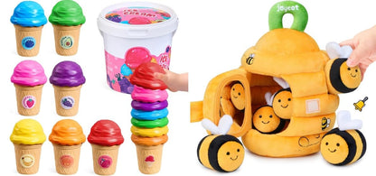 JOYCAT Ice Cream Toys, Color Recognition Stacking Play Set with 7 Matching Cones & Scoops, Pretend Play Food for Kids +Soft Baby Beehive with 5 Sensory Bees