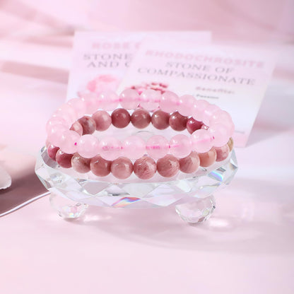 NCB 2-Piece 8mm Natural Crystal Gemstone Stretch Bracelets – ﻿Pink Quartz, Rhodochrosite Handmade Reiki Energy Healing Jewelry for Meditation,Yoga, Unisex