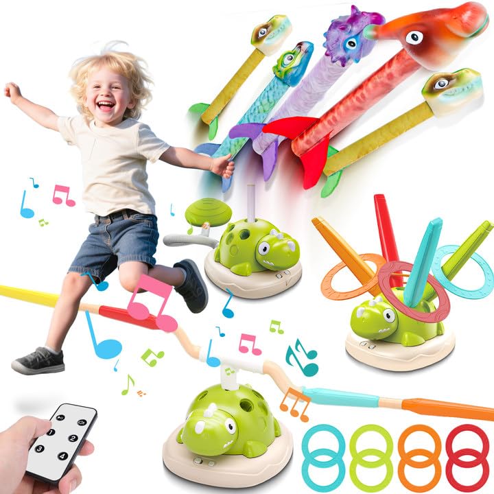 3 in 1 Dinosaur Rocket Launcher Musical Jump Toss Ring Game and Stomping Toys for Kids Outdoor with Remote Control, Indoor Outside Toy for Boys Girls 3-13 Toys for Ages 5 6 7 8 9 10 11 Birthday Gifts
