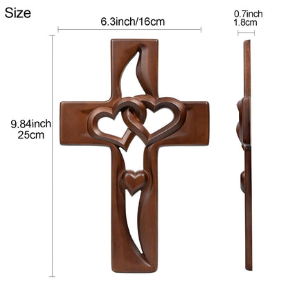 Hand-Carved Intertwined Hearts 9.84 inches Wooden Wall Cross for Wall Sacred, Mothers Day Gifts for Mom ,Handmade Hanging Cross Heart-Shaped Decoration Marriage Wedding Valentine Wood Decorative Gift