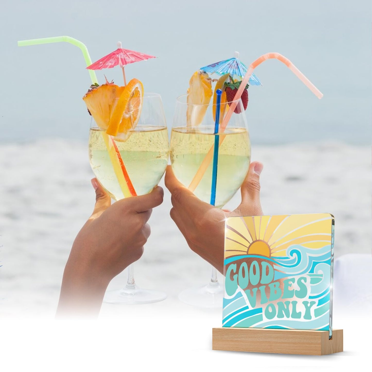 YAANUNULU Good Vibes Only Sign Beachy Room Decor Aesthetic for Beach Lake House, Positive Affirmations Beach Desk Decor, Nautical-Inspired Acrylic Sign Gifts for Women, Summer Displays