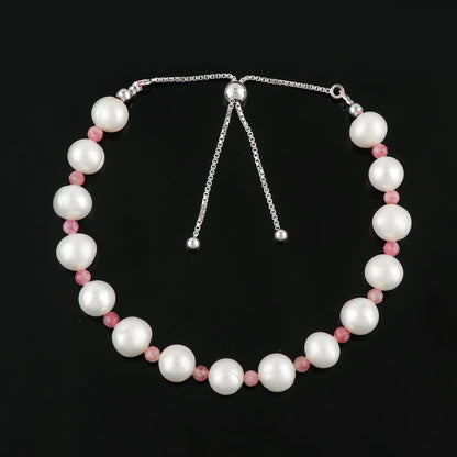 CRYSTALIS Natural Pink-Tourmaline And Freshwater Pearl Beaded Bracelet, Elegant Beads Crystal, Chakra Bracelet, Healing Bracelet, Gemstone Jewelry, 925 Sterling Silver Slider 10 inch