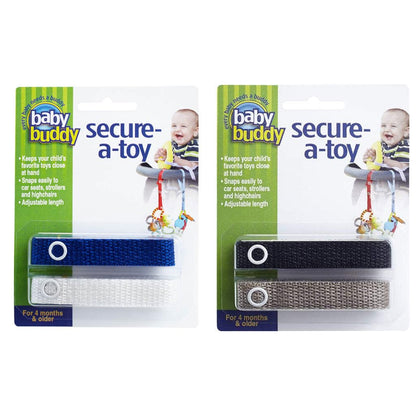 Baby Buddy Secure-A-Toy, Safety Strap Secures Toys, Teether, Pacifiers to Strollers, Highchairs, Car Seats, Adjustable, Keep Toys Sanitary, Registry Must Haves, Boys Colors (Colors May Vary), 4 Count