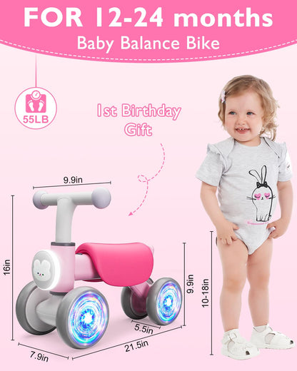 Toddler Toys Balance Bike for 1 Year Old Girl Gifts,4 Wheels Colorful Lighting with Music Baby First Bike,Toddler Girl Toys Balance Bike for 1st 2 Year Old Birthday Gifts