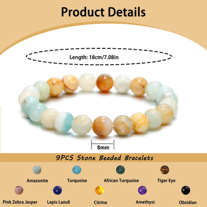 COLOYAN 9PCS Healing Crystal Bracelets for Women Men 8mm Natural Stone Beaded Stretch Bracelet Handmade Reiki Spiritual Jewelry