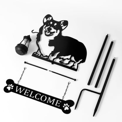 ANGELLOONG 51" Solar Corgi Silhouette Dog Welcome Sign with Lantern, Outdoor Decorative Corgi Gifts for Garden Yard Lawn Patio Pathway