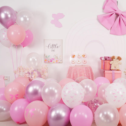 Pink Bow Balloons, 60pcs Pink and White Balloons, Bow Printed Balloon Metallic Confetti Balloon For Girls Women Princess Coquette Birthday Bridal Baby Shower Party Engagement Wedding Anniversary Decor