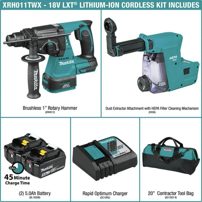 Makita XRH011TWX 18V LXT® Lithium-Ion Brushless Cordless 1" Rotary Hammer Kit, accepts SDS-PLUS bits, w/HEPA Dust Extractor Attachment (5.0Ah)