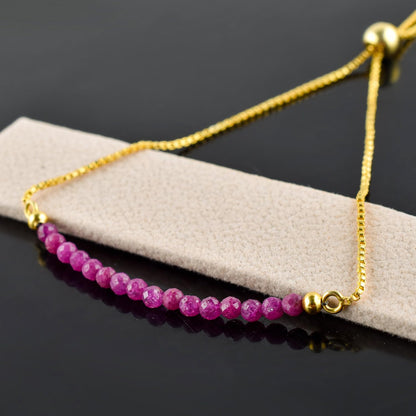 InfinityGemsArt Ruby Bracelets For Women, July Birthstone, Pink Beads Beaded Stone Bolo Slider Crystals Gemstones, 14K Gold Plated Adjustable Chain, Mother's Day Jewelry For Her