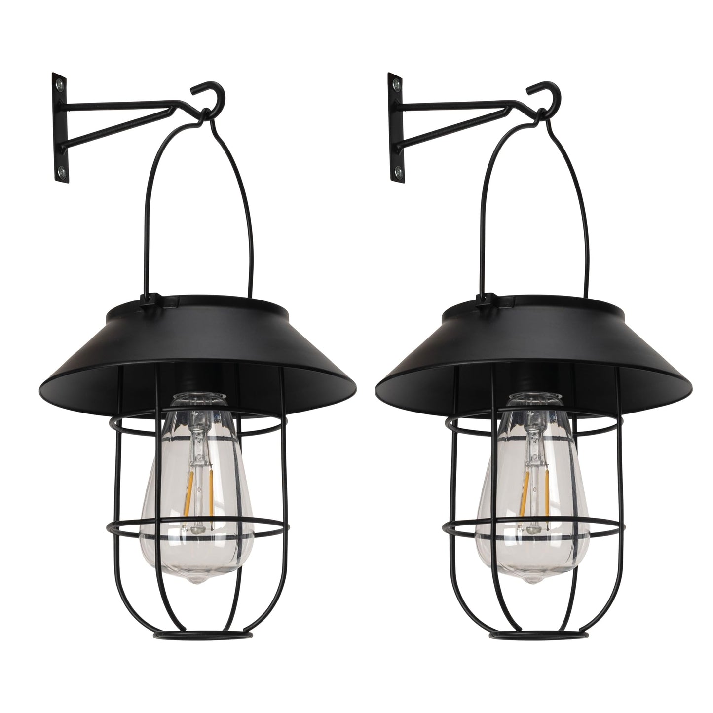 Livinlarge Solar Lanterns Outdoor Waterproof,Hanging Solar Lights for Outside with Wall Hooks Windproof Hook,Retro Metal Outdoor Lanterns Auto On/Off for Porch,Patio,Garden,Yard Decor 2 Pack（Black）