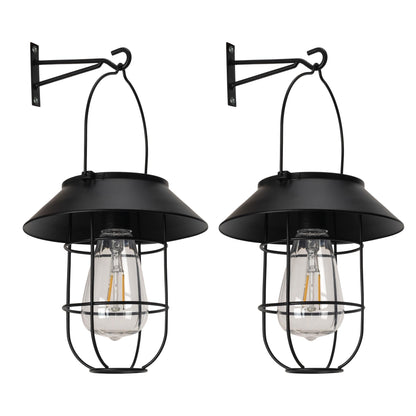Livinlarge Solar Lanterns Outdoor Waterproof,Hanging Solar Lights for Outside with Wall Hooks Windproof Hook,Retro Metal Outdoor Lanterns Auto On/Off for Porch,Patio,Garden,Yard Decor 2 Pack（Black）