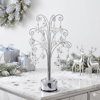 HOHIYA Ornament Display Stand 360° Rotating Christmas Tree Display with 15 Metal Hooks Tabletop Ornament Hanger for Crystal Glass Baubles Elegant Chrome Silver Eater Decor