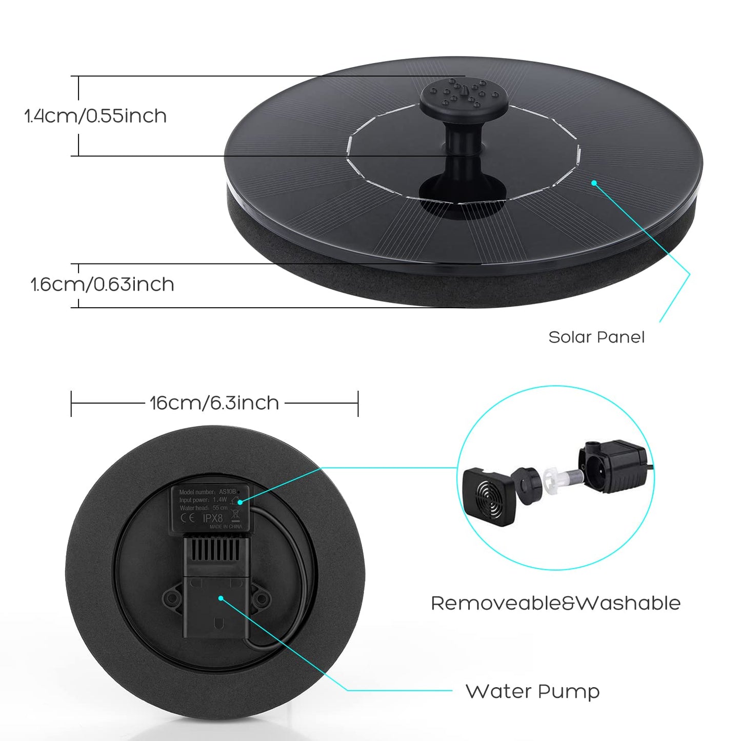 Mademax Solar Bird Bath Fountains, Upgrade 1.4W Solar Fountain Pump with 6 Nozzles, Free Standing Floating Solar Powered Water Fountain Pump for Bird Bath, Garden, Pond, Pool, Outdoor