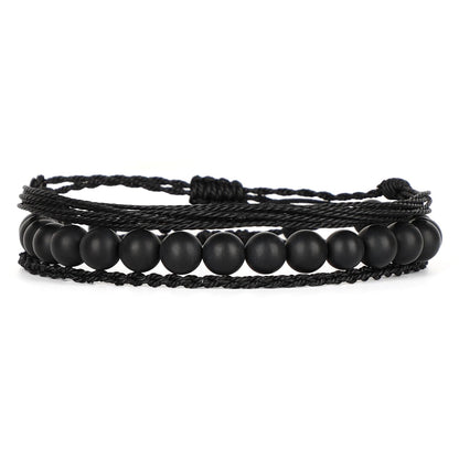 QOGIR Handmade Healing Bracelets, 8mm Matte Black Onyx Bracelet Black Beaded Bracelets for Men Women with 2PCS Size Adjustable Rope Bracelets
