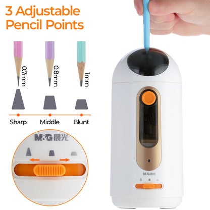 M&G Electric Pencil Sharpener for Colored Pencils 6.5-11mm, Fully Automatic Astronaut Design Pencil Sharpener, Auto In & Out Hands-Free, Rechargeable USB/Battery Operated, Home Classroom Office, White