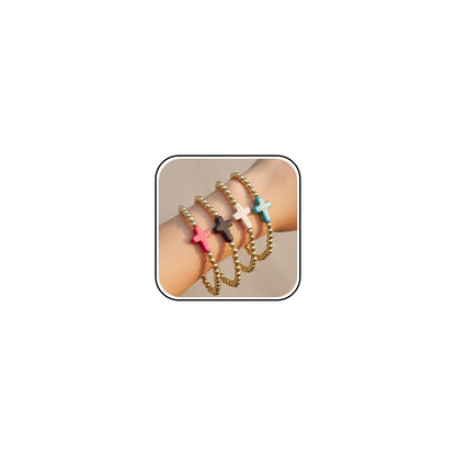 Harry and Henry Gold Beaded Bracelets for Women Non Tarnish Dainty Pearl Beaded Bracelet Cross Stack Stretch Bracelets for Women Trendy Gifts 2025 Easter Basket Stuffers