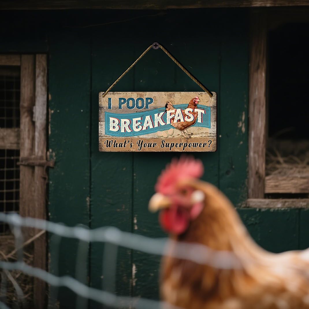 Funny Chicken Coop Signs Decor - I Poop Breakfast What's Your Superpower Sign - Outdoor Chicken Coop Decorations, Gifts for Women - Wooden Wall Art (6x12 Inch Rustic Farmhouse Kitchen Decor)