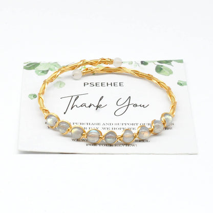 PSEEHEE Handmade Genuine White Labradorite Rainbow Moonstone 14k Gold Filled Wire Wrapped Bracelet, Adjustable Size Crystal Beads Birthstone Gemstone Bohemian Jewelry Women