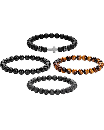 Crystery Men Beaded Bracelets, 8mm Natural Stone Bracelet, Healing Crystal, Jewelry Gifts for men, Triple Protection, Black Onyx, Tiger Eye, Black Obsidian Beads Bracelets, Lava Rock, Pack of 4
