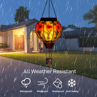 DREAMSOUL Hummingbird Hot Air Balloon Solar Lantern, Hanging Solar Lanterns Outdoor with Flickering Flame Light, Metal & Glass Solar Lanterns Outdoor Waterproof for Patio Yard Decor
