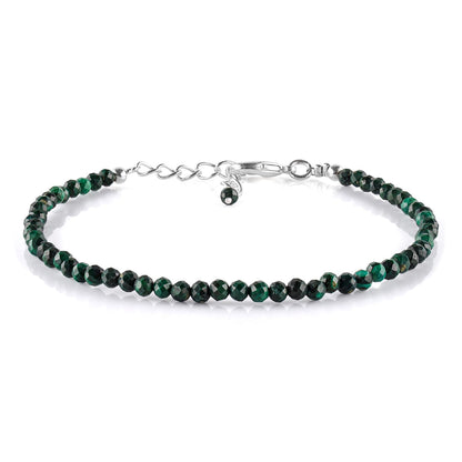 Natural Green Malachite Gemstone Micro Beads Dainty Bracelet Jewelry for Women Gifts For her, Birthstone Energy Crystals, Silver Plated Chain 8 inch