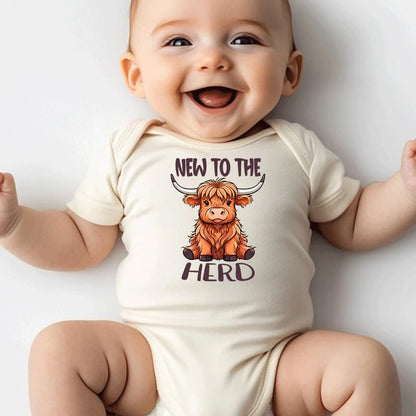 hrcfbk Western Baby Boy Girl Clothes Summer Newborn New to the Herd Cowgirl Short Sleeve Romper Infant Highland Cow Bodysuit (Beige New to the Herd,0-3 Months)