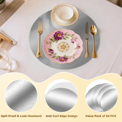50PCS Silver Paper Placemats for Dinner Plates, 13 Inch Round Disposable Chargers, Shiny Holiday Place Mat for Dining Table Setting Valentine's Day Weddings Birthday Parties Kitchen Banquet Decor