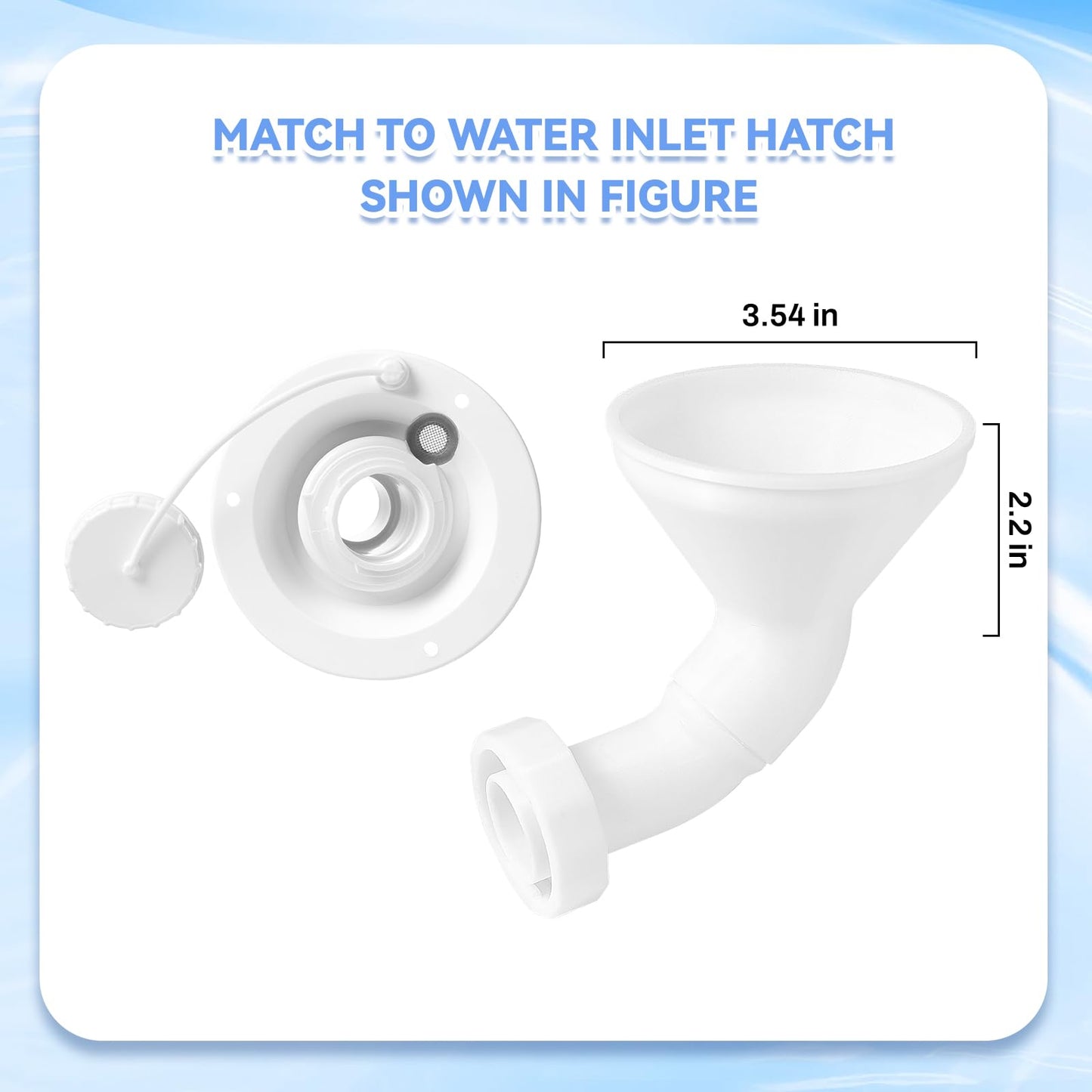 RV Water Inlet Funnel, 3.54-in Wide Mouth Gravity Fresh Water Tank Fill Funnel for Water Inlet Hatch, Travel Trailer Essentials Accessories Supplies, Screw-On Hands-Free Design